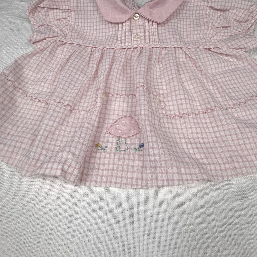 Primitive Dress Girls 0-3M Pink Gingham Peter Pan Collar Embroidered Mushroom